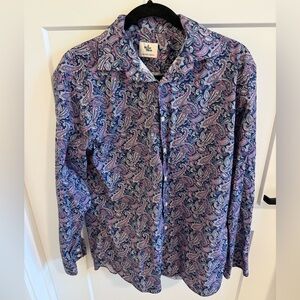 3 Wise Men Paisley Dress Shirt 39 Tailored Stretch Blue Pink Button Down